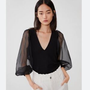 Zara Black Blouse with Sheer Sleeves